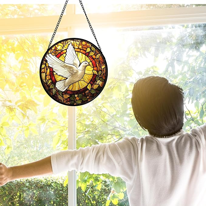 DASTOLL Stained Glass Window Hanging, Flying White Dove Sun Catchers Diamond Glass Panel Hangings Cute Birds Suncatcher Decor for Birthday for Women, Men, Wife, Aunt, and Mom 6.3 in