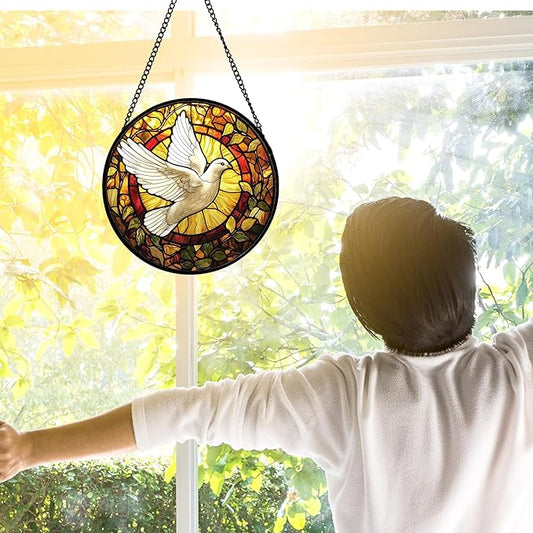 DASTOLL Stained Glass Window Hanging, Flying White Dove Sun Catchers Diamond Glass Panel Hangings Cute Birds Suncatcher Decor for Birthday for Women, Men, Wife, Aunt, and Mom 6.3 in
