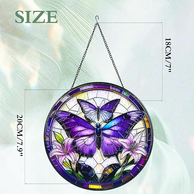Purple Butterfly Stained Glass Window Hanging Suncatcher with Chain - 7.9" Outdoor/Indoor Art Decor for Home Garden, Wedding, Mother's, Festival, Valentine's & Christmas Ornaments Present