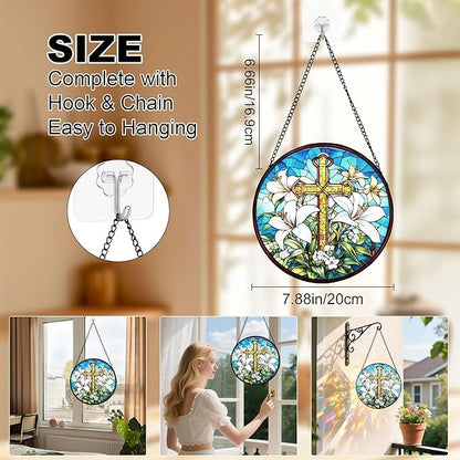 7.88'' Stained Glass Window Hanging, Cross Lily Suncatcher Stained Glass Panel with Hook Chain for Window, Christian Sun Catchers Home Decor Mother's Day Birthday for Women, Men, Wife, Aunt, and Mom