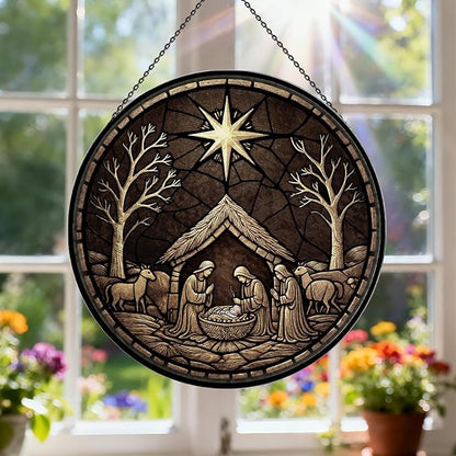 Nativity Scene Suncatcher - 7.9" Hand Painted Stained Glass Christmas Ornament & Window Hanging, Outdoor/Indoor Birth of Jesus Decor, Religious Christian Gift for Women, Men