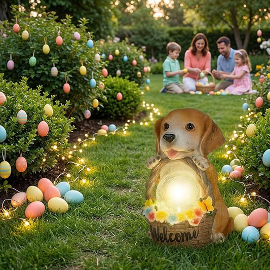 Solar Garden Welcome Statue with LED Light, Outdoor Decorative Animal Figurines, 8-10 Hour Working Time, Floral Basket Design, Lawn Yard Decor (Dog)