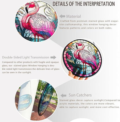 RIVEENY Flamingos Sun Catcher Stained Glass,8" Flamingos Gifts for Women,Stained Glass Window Hanging,Red Birds Sun Catchers for Windows, Hand Painted Glass for Birds Lover