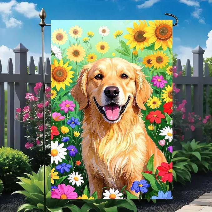 BlissYard Spring Garden Flag 12x18 Inch Double Sided Cute Golden Retriever Seasonal Welcome Small Flags For Outside Outdoor Decor Yard Farmhouse Holiday Spring Summer Decorations Yard Flags