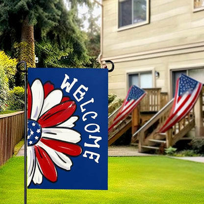 4th of July Garden Flag Patriotic Daisy Double Sided Yard Flag Burlap Welcome Independence Day House Banner Memorial Day Floral America Blue Garden Flags Outdoor Decoration 12x18 Inch