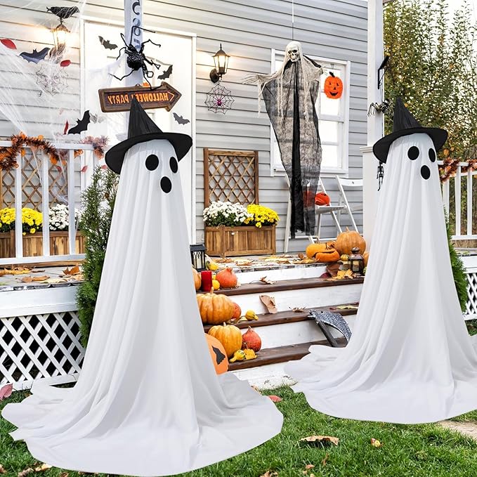 [Timer] 2Packs Halloween Decorations Outdoor, Cute Halloween Decorations Indoor, Spooky Ghost Halloween Decor with Witch Hat, Scary Ghosts Decor with LED Lights for Front Porche Yard Garden Home