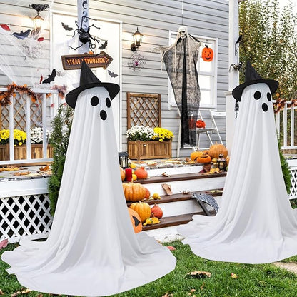 [Timer] 2Packs Halloween Decorations Outdoor, Cute Halloween Decorations Indoor, Spooky Ghost Halloween Decor with Witch Hat, Scary Ghosts Decor with LED Lights for Front Porche Yard Garden Home
