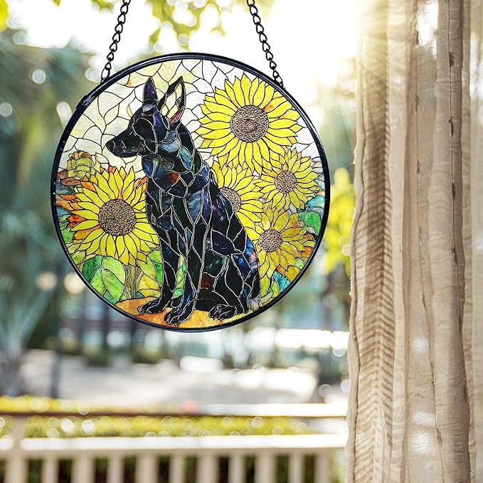 kdqua German Shepherd Sunflower Suncatcher Stained Glass Window Hanging, German Shepherd Gifts Sun Catchers Indoor Window Glass Round Wall Decor, Dog Wall Art Hanging Decorations Statues, 7.9x7.9in