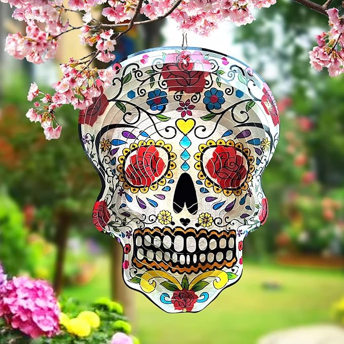 Fonmy Kinetic 3D Metal Garden Wind Spinner Quality Hanging Ornament for Home and Garden 12inch Mandala Rose Sugar Skull Wind Spinners