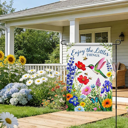IVN Hummingbird Garden Flag 12x18 Inch – Enjoy the Little Things Floral Outdoor Flag, Double Sided Burlap Spring Summer Yard Flag for Porch Lawn Patio Decor