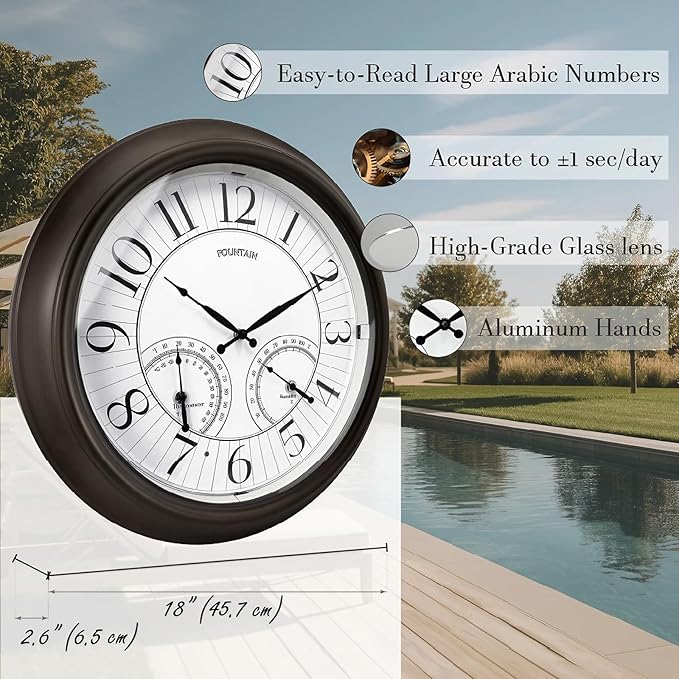 18 Inch Illuminated in/Outdoor Clock with Smart Sensor and Night Light, Waterproof, Large Wall Clock with Thermometer & Hygrometer for Patio,Pool and Garden Decor,Oil Rubbed Bronze
