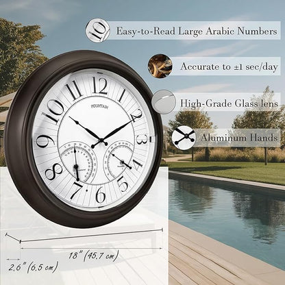 18 Inch Illuminated in/Outdoor Clock with Smart Sensor and Night Light, Waterproof, Large Wall Clock with Thermometer & Hygrometer for Patio,Pool and Garden Decor,Oil Rubbed Bronze