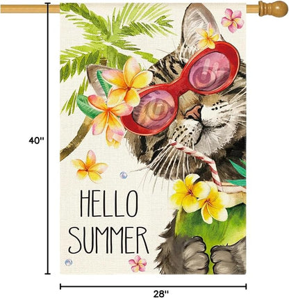 AVOIN colorlife Hello Summer Floral Cat House Flag 28x40 Inch Double Sided Outside, Party Holiday Burlap Yard Outdoor Decoration