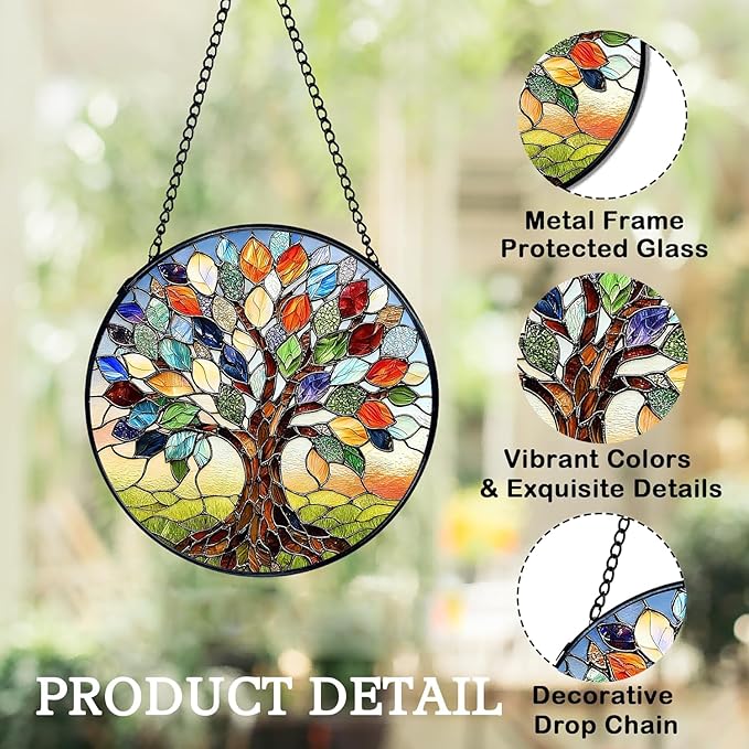 Stained Glass Window Hanging, Tree of Life Suncatcher for Window Doors Garden Home Decoration, Colorful Leaves Glass Panel Ornaments for Women,Men,Wife, Lovers, and Mom 7.8×7.8 in