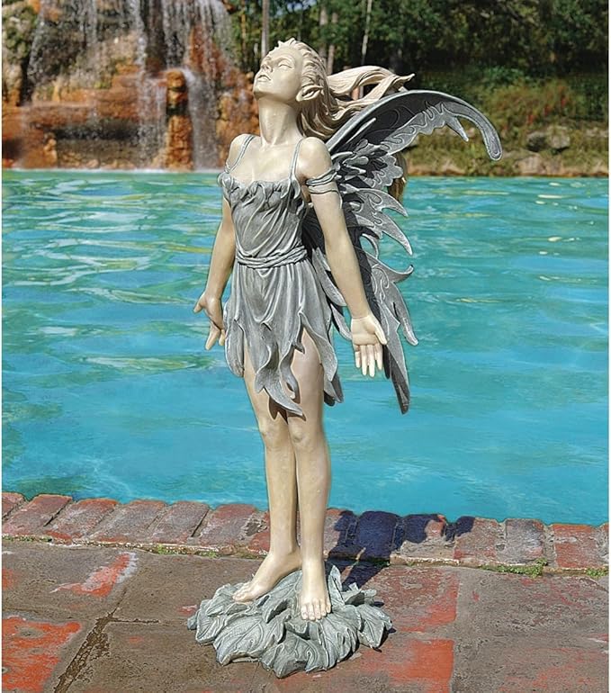 Design Toscano Facing the Wind Fairy Woman Outdoor Garden Statue, 12 inches wide, 27 inches tall, Cast Stone Resin, Two Tone Stone Finish