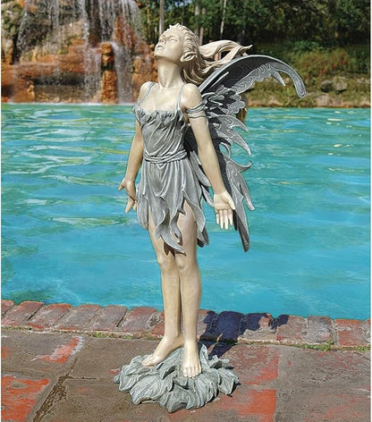 Design Toscano Facing the Wind Fairy Woman Outdoor Garden Statue, 12 inches wide, 27 inches tall, Cast Stone Resin, Two Tone Stone Finish