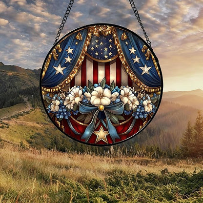 Stained Glass Window Hanging White Flower American Flag Element 9.8" - Suncatcher Door Garden Sun Catcher Home Decor Birthday Christmas for Mom Woman Friend Nana