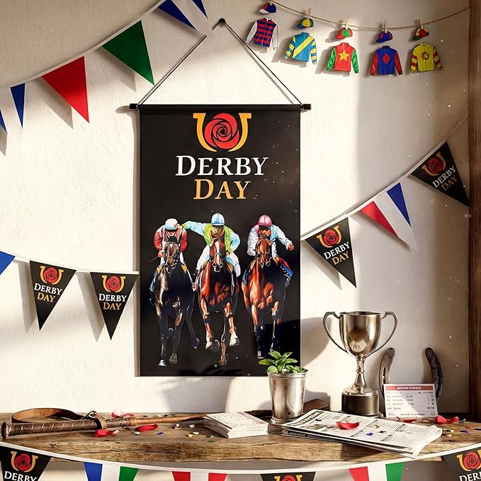 Tegeme 3 Pcs Derby Day Door Banner Derby Day Hanging Flag Decor Roses Horse Racing Festival Door Hanger Sign for Holiday Party Outdoor Indoor Home