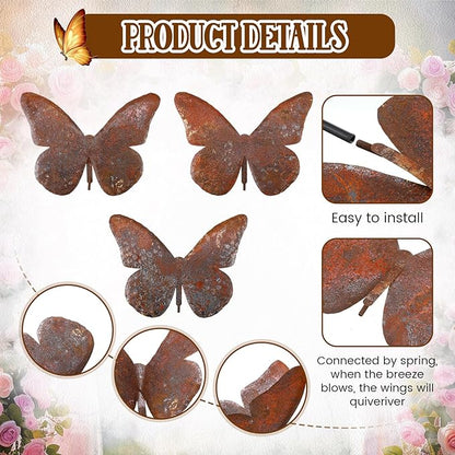 Weysat 3 Pack Butterfly Garden Stake Decor 28 Inch Metal Yard Art Butterflies Stakes for Women Mom Ornaments Outdoor Decorative Patio Lawn Decor (Rutic Color)
