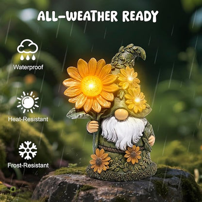 basen Solar Garden Gnome with Glowing Daisy Flower, Outdoor Solar Gnome Figurine for Yard Lawn Patio, Hand-Painted Resin Garden Statue Decor with LED Light for Landscape, Garden Ornament Gift