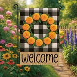Buffalo Plaid Welcome Wreath Garden Flag Marigold Flower Flag 12x 18 Inch Double Sided Fall Outdoor Yard Decor for Porch Patio Lawn Farmhouse Decoration Fall Autumn Small Decor