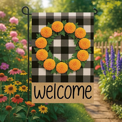 Buffalo Plaid Welcome Wreath Garden Flag Marigold Flower Flag 12x 18 Inch Double Sided Fall Outdoor Yard Decor for Porch Patio Lawn Farmhouse Decoration Fall Autumn Small Decor