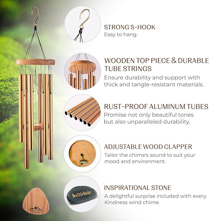 UpBlend Wind Chimes for Outside Gift – Deep Tone Wind Chime with Decorative Stone – Garden and Patio Décor for Porch or Yard, Elegant Outdoor Ornament, Meaningful Gift for Neighbors. 29” Bronze.