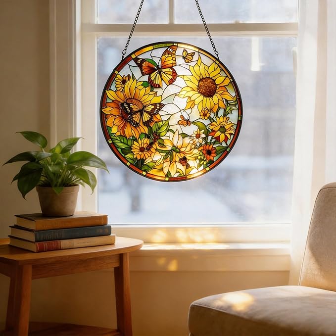 Stained Glass Sun Catcher,Sun FlowersStained Glass Window Hanging Garden Decor,Sun Catchers Indoor Window,Whimsical Decoration for Home Backyard Patio Lawn Porch with 6.3 INCH