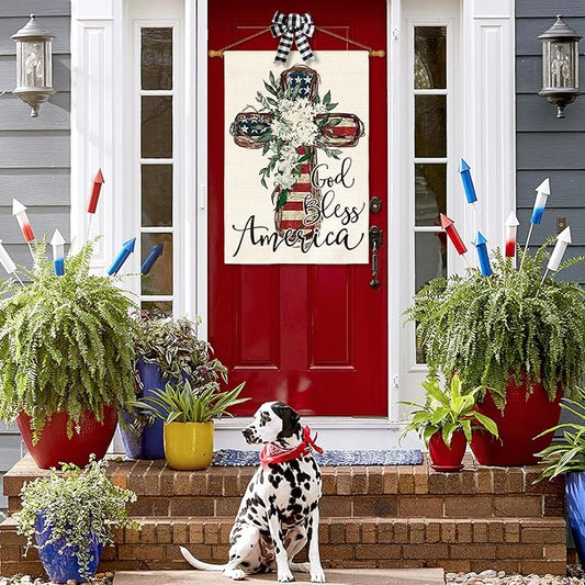 AVOIN colorlife God Bless America Stars and Stripes House Flag 28x40 Inch Double Sided, Memorial Day 4th of July Patriotic Lily Cross Yard Outdoor Decoration