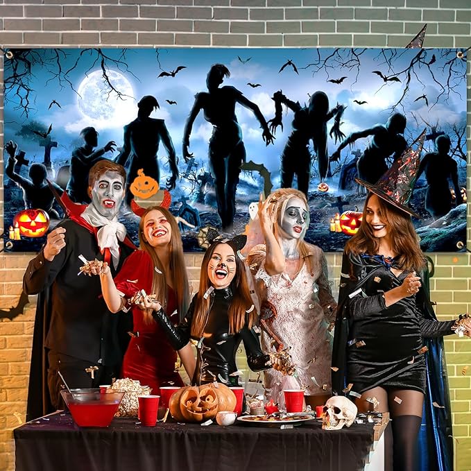 Panelee Halloween Garage Door Decoration 7x16ft Large Horror Backdrop Banner Horror Halloween Garage Door Cover with Bat Cemetery for Home Yard Scary Theme Party Outdoor Wall Decoration (Mummy)