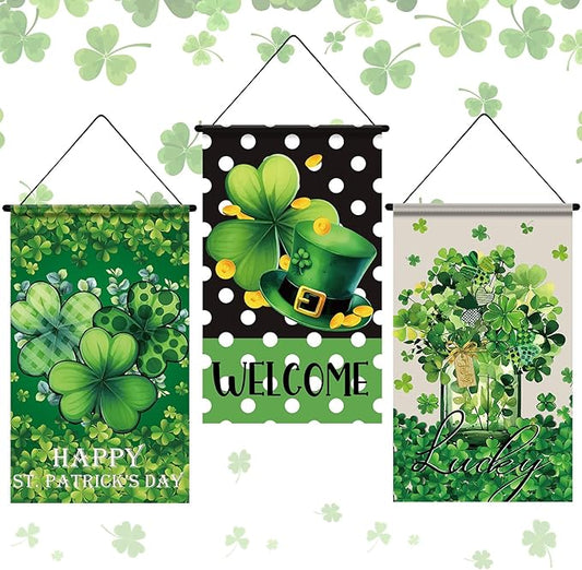 Tegeme 3 Pcs Happy St. Patrick's Day Banner Door Decoration St. Patricks Day Hanger Door Sign Green Shamrock Hanging Flag Ornaments for Irish Party Holiday Outdoor Indoor Home
