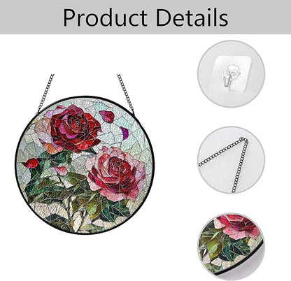 Pink Red Roses Stained Glass Window Hanging Suncatchers Valentine Roses Glass Panel Hangings Vintage Floral Window Decor Flowers Lovers Gift for Women Mom Spring Garden Nature Ornament 7.9inch