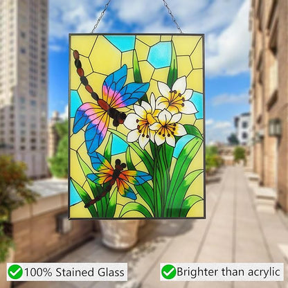 Stained Glass Window Hanging, Dragonfly Glass Art Decor, Sun Catchers Indoor Window, Valentine Rectangle Suncatchers for Windows Hanging, Stained Suncatcher for Room Balcony Garden Patio