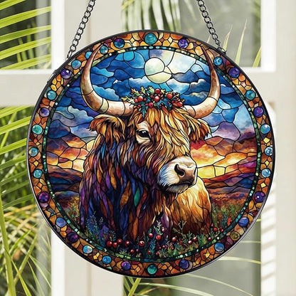 Rngmsi Stained Glass Window Hanging, 7.8″ Highland Cow Sun Catchers with Hook Indoor Window Decor, Decorative Suncatchers Hanging Ornaments Home Garden Art Gift for Housewarming
