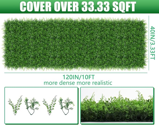 Grooy 40"x120"(33.33 SQFT) Artificial Hedge Grass Wall Roll Panels, Boxwood Panels, Greenery Wall Backdrop, UV Protected Privacy Fence Screen for Outdoor Indoor Wedding Décor