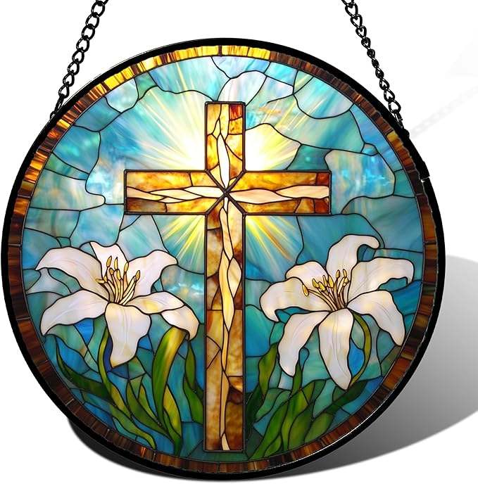 DASTOLL Christian Gifts for Women - Cross Stained Glass Window Hanging Jesus Easter White Lily Flower Sun Catcher Garden Religion Decor Mother's Day Catholic Gift for Men Grandma Mom Her Nana 6.3"