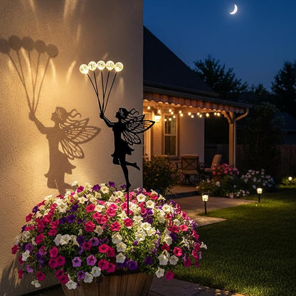 Solar Fairy Garden Stake - 5 Glowing Glass Crackle Orbs Metal Silhouette - Waterproof Outdoor Decorative Lights for Pathway, Yard, Patio - Unique Gardening Gifts for Women/Mom(Fairy)