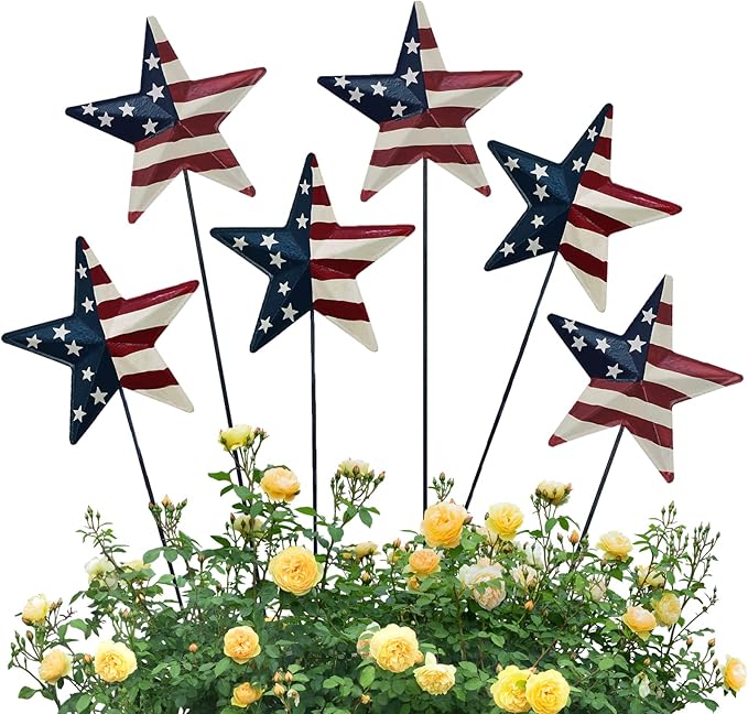 Metal Barn Star Yard Sign Patriotic Garden Stakes Hanging Ornament with Stake Outdoor 4th of July Lawn Decoration Party Supplies USA Flag Decor for Independence Day Memorial Day (E)