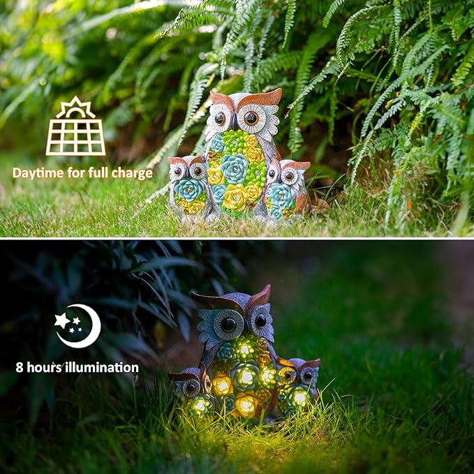 Candieslife Solar Garden Statue Owl Decor – Cute Owl Family Figurines with LED Succulent Lights, Waterproof Outdoor Yard Art Ornaments for Patio, Lawn, Porch, Housewarming Gifts for Women Mom