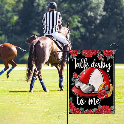 Artofy Kentucky Helmet Small Decorative Garden Flag, Talk Derby To Me Roses Churchill Downs Yard Lawn Outside Decor, Horse Racing Horseshoe Burlap Outdoor Home Decoration Double Sided 12 x 18
