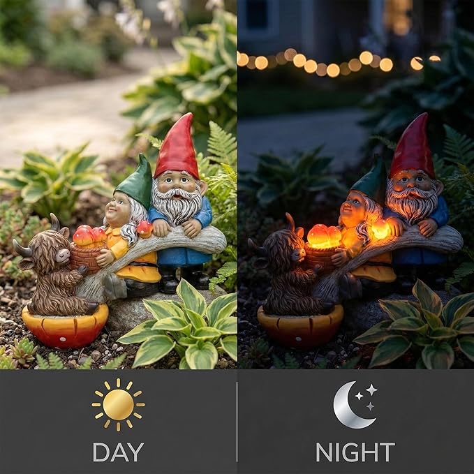 Garden Gnomes and Highland Cow Statue with Mushroom Solar Light, Couple Gnome Figurine for Outdoor Patio Lawn Porch Yard Edge Shelf Sitter Decoration, Garden Knome Holiday Indoor Decor, Love Gift