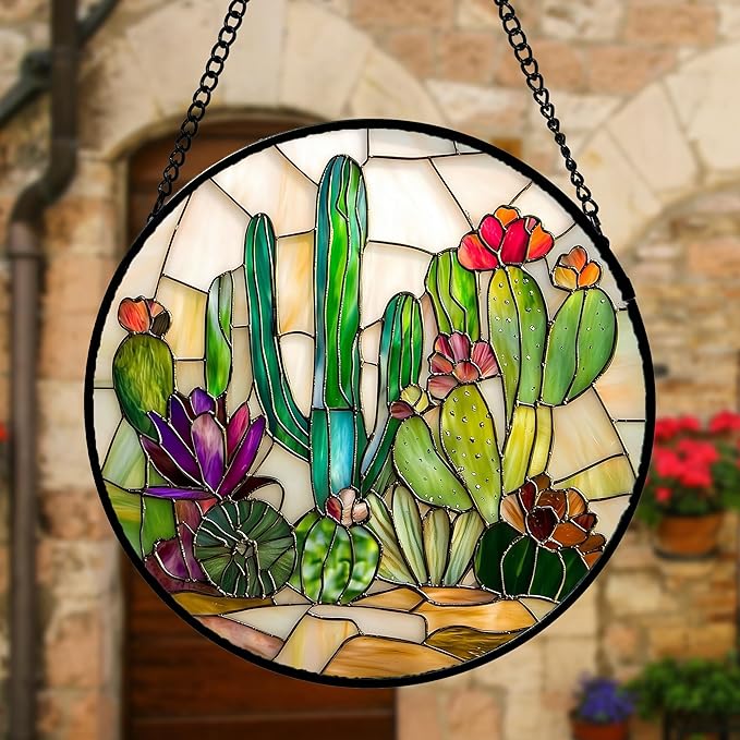 DASTOLL Stained Glass Window Hanging, White Green Cactus Suncatcher Diamond Glass Panel Hangings Sun Catchers Decor for Birthday for Women, Men, Wife, Aunt, and Mom 6.3 in