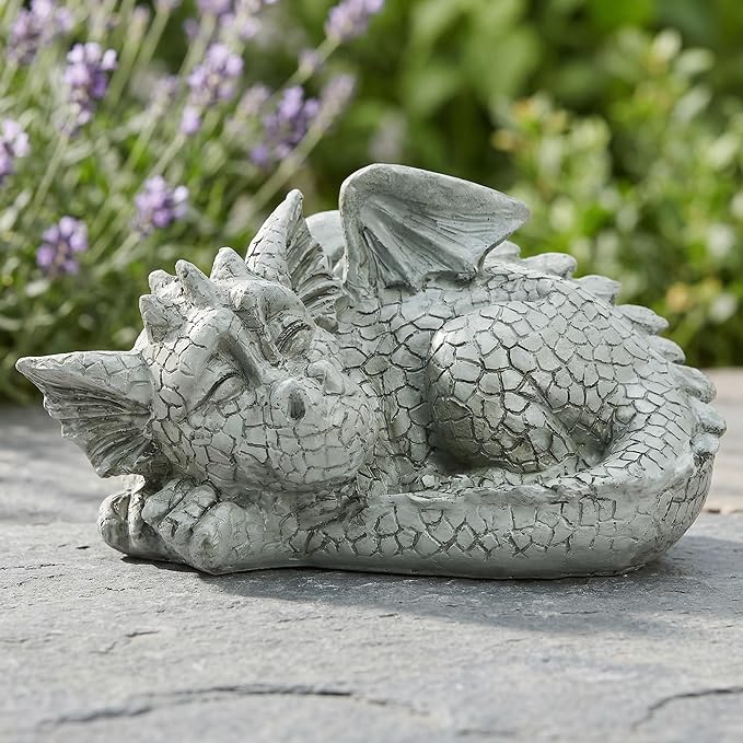 Jucoan Cute Sleeping Dragon Statue Outdoor Garden Decor, 8 Inch Resin Dragon Figurine Sculpture Lawn Ornaments for Outside Patio Yard, Fantasy Dragons Garden Statues Gifts for Mom, Woman