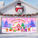 IVN Christmas Garage Door Cover Decoration 13x6ft Gingerbread House Candy Village Pink Snow Scene Merry Christmas Garage Door Banner Home Door Front Yard Decor for Xmas Eve Holiday Outdoor