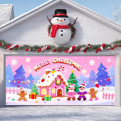 IVN Christmas Garage Door Cover Decoration 13x6ft Gingerbread House Candy Village Pink Snow Scene Merry Christmas Garage Door Banner Home Door Front Yard Decor for Xmas Eve Holiday Outdoor