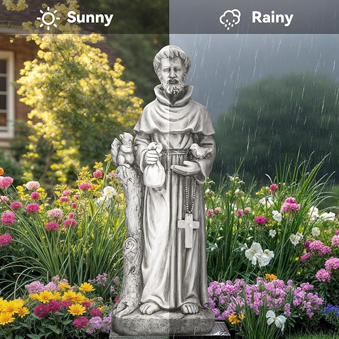 St Francis Garden Statue, 31" Saint Francis Catholic Outdoor Statues, Large Religious Christian Sculpture Deor for Prayer and Meditation, Patron Saint of Animals Patio in Durable MGO Stone
