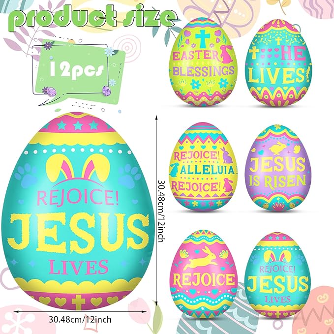 Jetec 12 Pcs 12 Inch Religious Easter Egg Inflatable Decorations Hanging Inflatable Easter Egg Outdoor Decorations Large Christian Eggs Spring Jesus is Risen Yard Decor for Church Lawn Garden