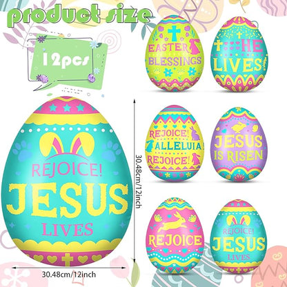 Jetec 12 Pcs 12 Inch Religious Easter Egg Inflatable Decorations Hanging Inflatable Easter Egg Outdoor Decorations Large Christian Eggs Spring Jesus is Risen Yard Decor for Church Lawn Garden