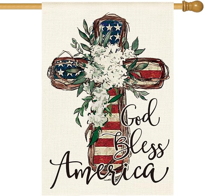 AVOIN colorlife God Bless America Stars and Stripes House Flag 28x40 Inch Double Sided, Memorial Day 4th of July Patriotic Lily Cross Yard Outdoor Decoration