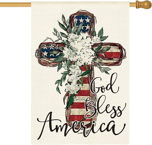 AVOIN colorlife God Bless America Stars and Stripes House Flag 28x40 Inch Double Sided, Memorial Day 4th of July Patriotic Lily Cross Yard Outdoor Decoration